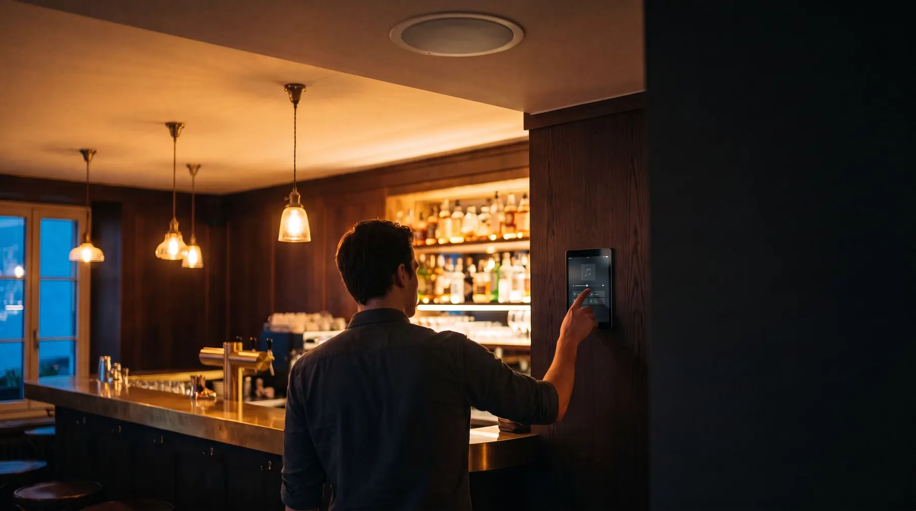 Barkeeper steuert die Musik der Bar über ein Touchpanel an der Wand